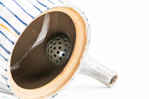 Tezumi — Japanese Kyusu - Brush Glazed Colorful Stripes Debeso Teapot - 250ml — interior view showing the filter