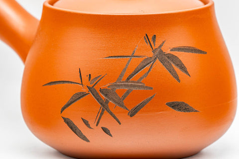 Japanese Kyusu - Bamboo Engraved Red Shudei Tokoname-yaki Ceramic Filter Teapot - 315ml - close-up of the engraved bamboo design on the body