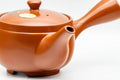 Japanese Kyusu - Yellow Flowers Tokoname-yaki Mesh Teapot - 400ml - rear view showing the side handle and lid knob