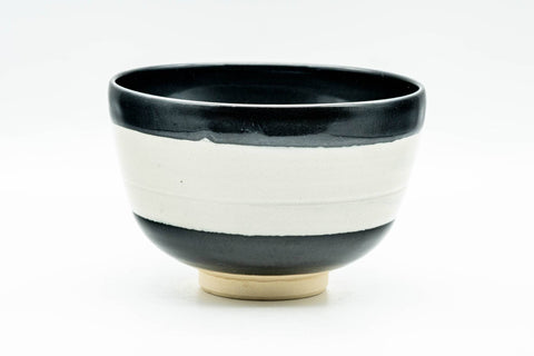 Japanese Matcha Bowl - Black White Stripe Glazed Kyo-yaki Chawan - 350ml