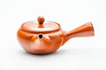 Japanese Kyusu - Red Shudei Tokoname-yaki Obi-ami Mesh Teapot - 325ml - three-quarter front view showing the lid knob and side handle