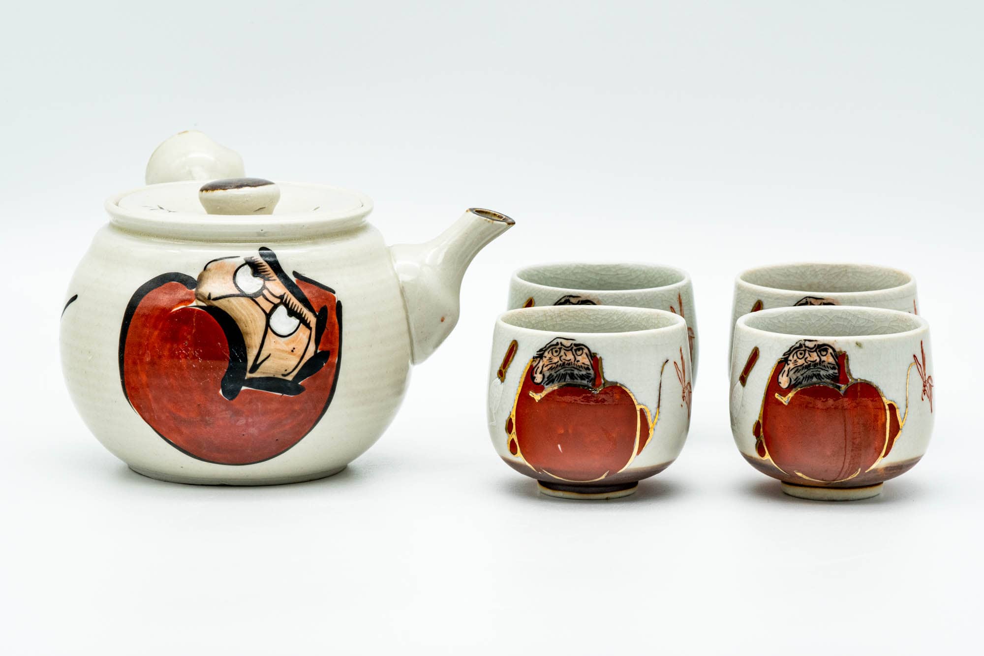 Japanese Tea Set - Daruma Kanji Kutani-yaki Kyusu Teapot with 4 Yunomi Teacups