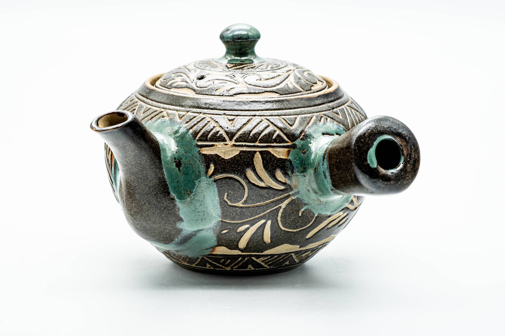 Japanese Tea Set - Floral Geometric Large Kyusu Teapot with 2 Yunomi Teacups