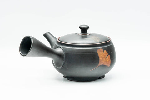 Japanese Kyusu - Black Kurodei Tokoname-yaki Ginkgo Leaf Teapot - 250ml - Tezumi
