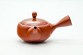 Japanese Kyusu - Classic Red Shudei Tokoname-yaki Mesh Teapot - 200ml - three-quarter view with the side handle to the right and lid in place