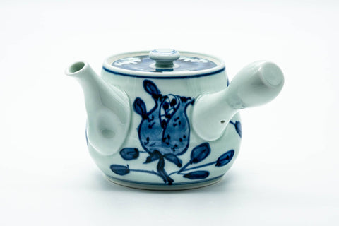 Japanese Kyusu - Blue Floral Arita-yaki Ceramic Filter Teapot - 400ml - three-quarter view from the spout side