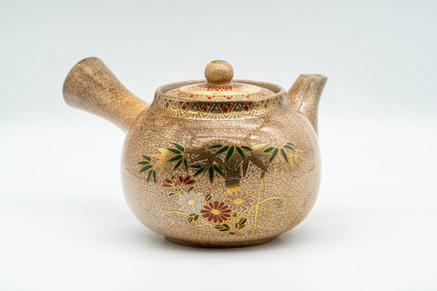 Tezumi — Japanese Kyusu - Weathered Beige Floral Bamboo Decorated Debeso Teapot - 270ml — three-quarter view
