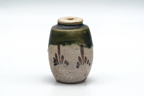 Japanese Chaire - Beige Green Oribe-yaki Tea Jar with Shifuku
