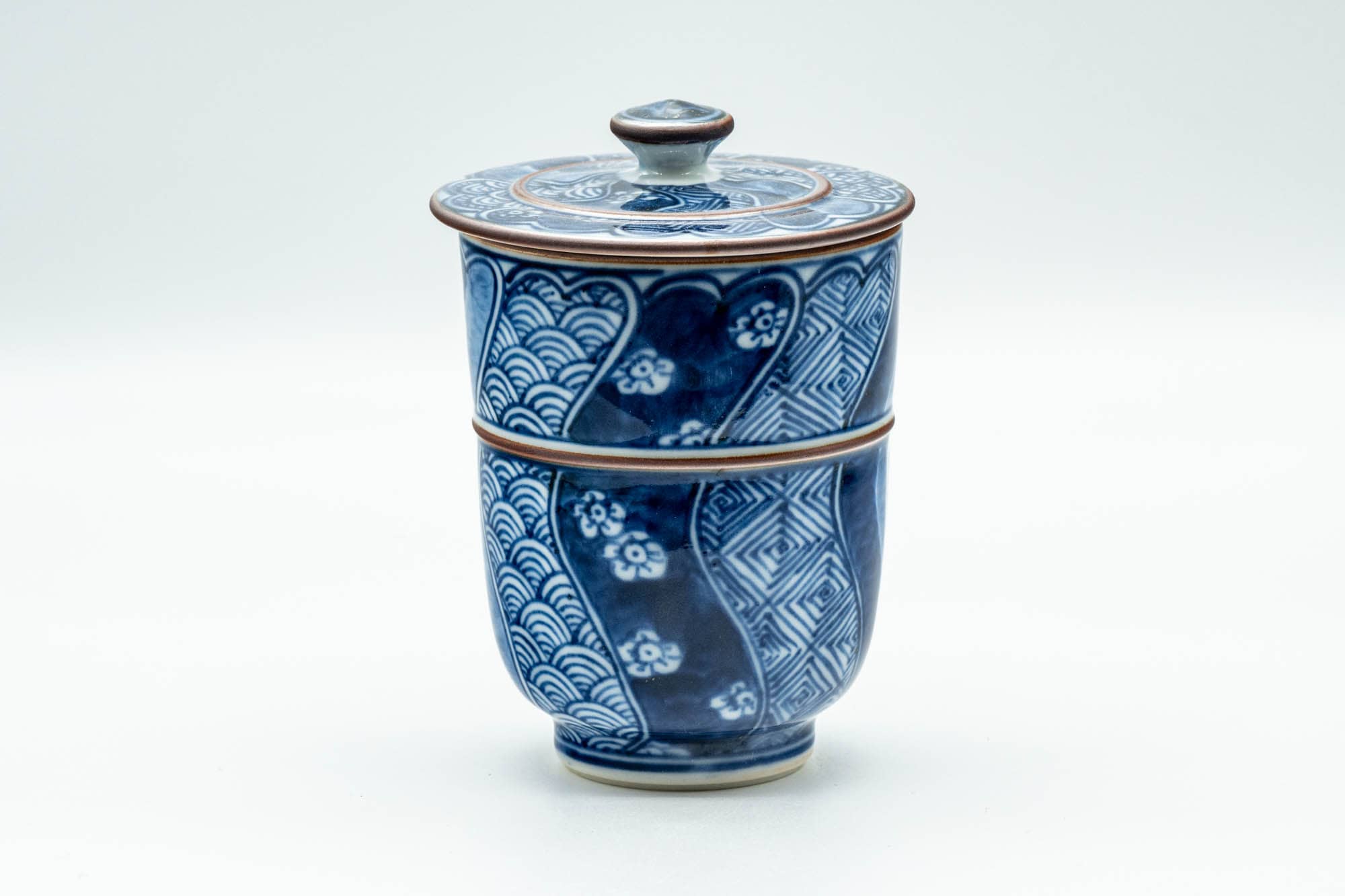 Japanese Teacup - Blue Floral Geometric Wavy Arita-yaki Lidded Yunomi - 130ml