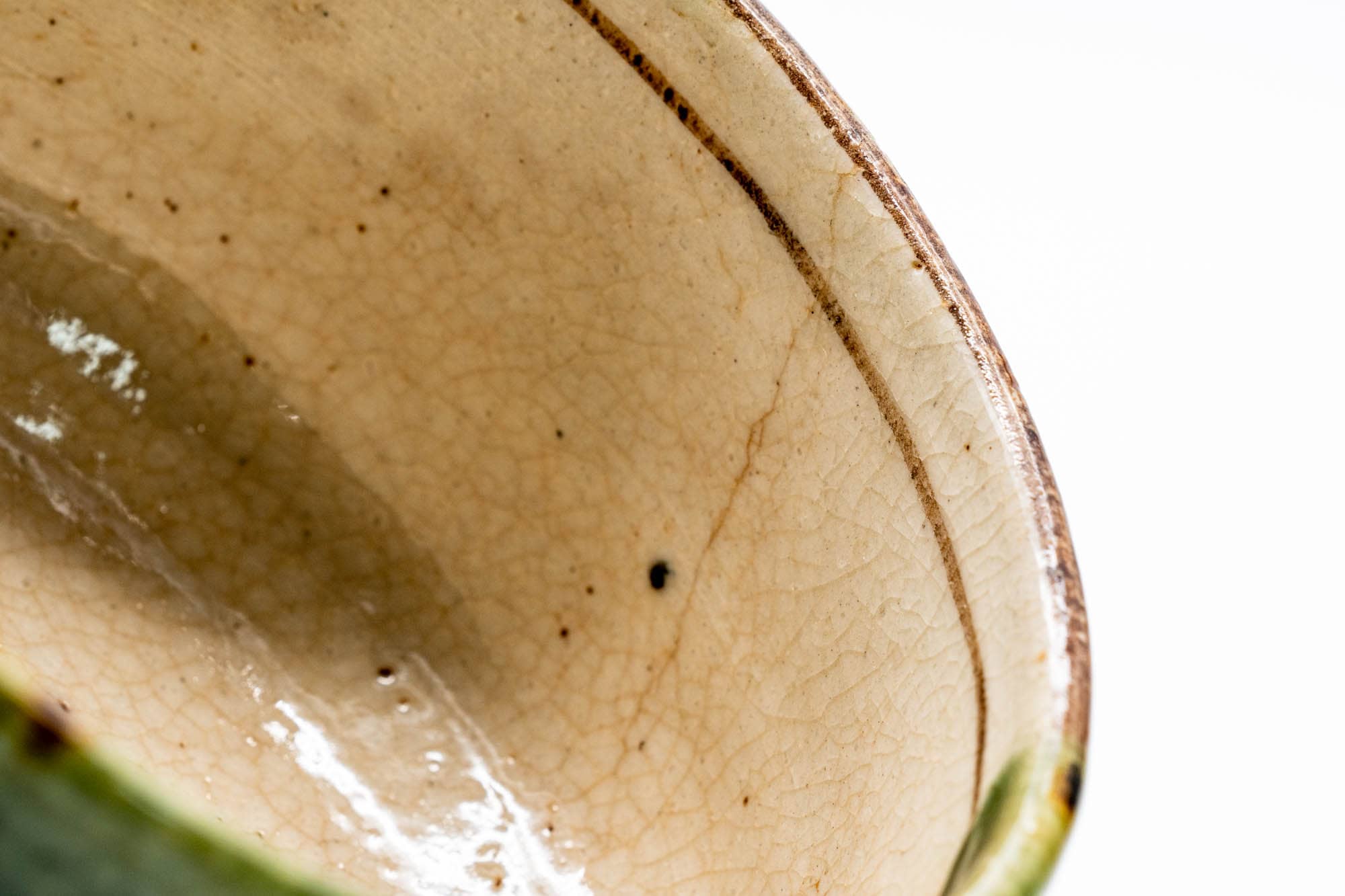 Japanese Matcha Bowl - Beige Green Floral Oribe-yaki Chawan - 200ml