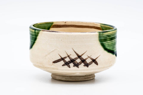 Japanese Matcha Bowl - Beige Green Gourd Oribe-yaki Chawan - 400ml
