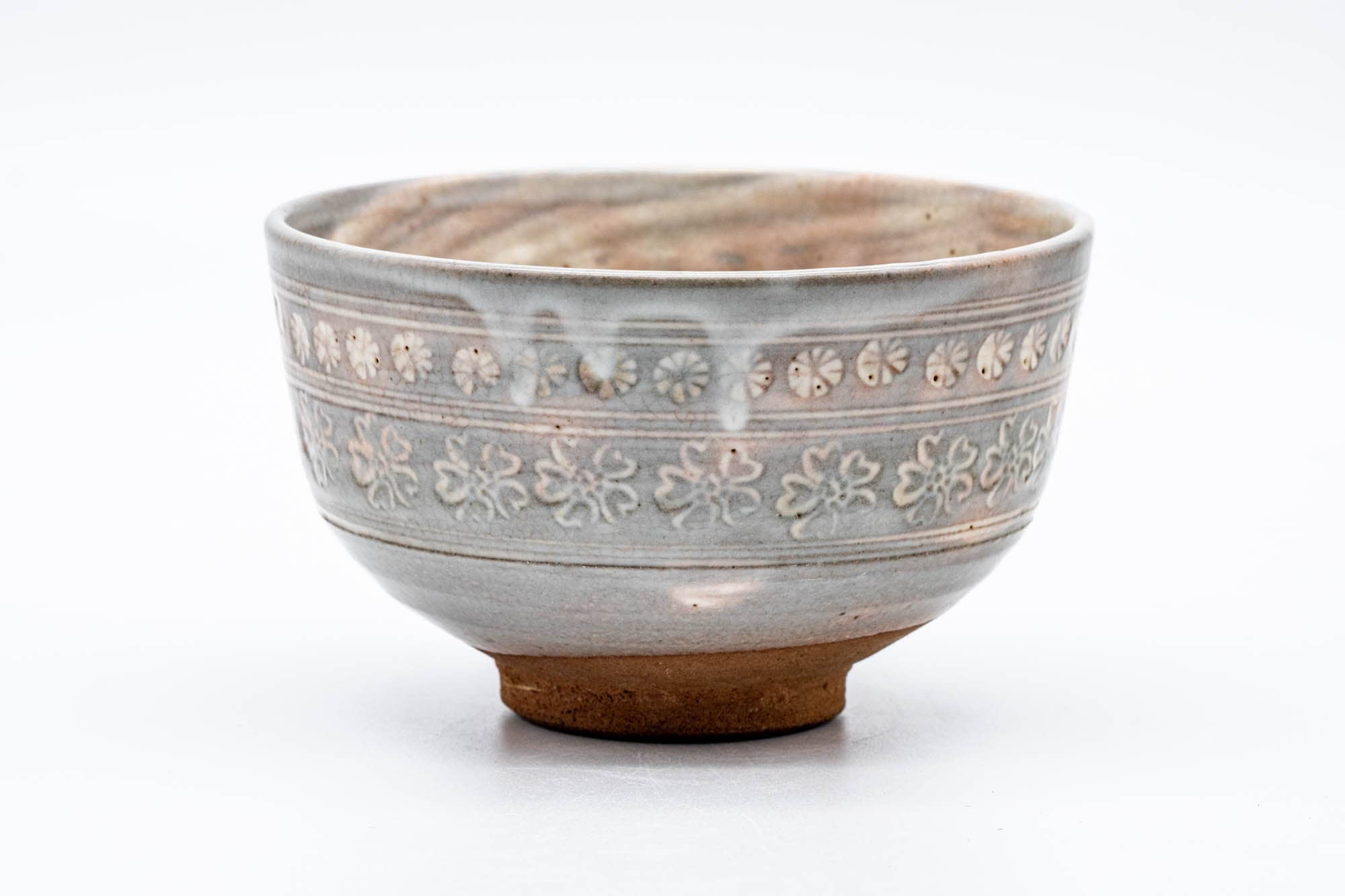 Japanese Matcha Bowl - Floral Grey Pink Mishima Glazed Chawan - 250ml