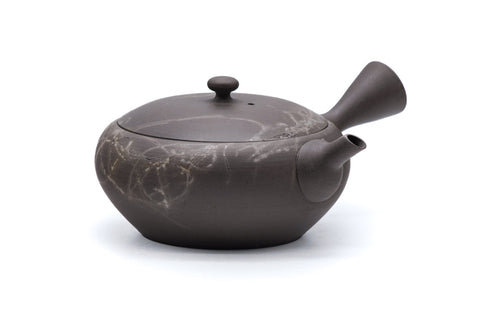 Mogake yakishime unglazed Tokoname kyusu teapot with side handle - view with the handle to the right and spout to the back