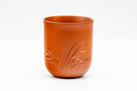 Japanese Teacup - Long Grass Engraved Tokoname-yaki Yunomi - 120ml - front view showing the engraved grass motif