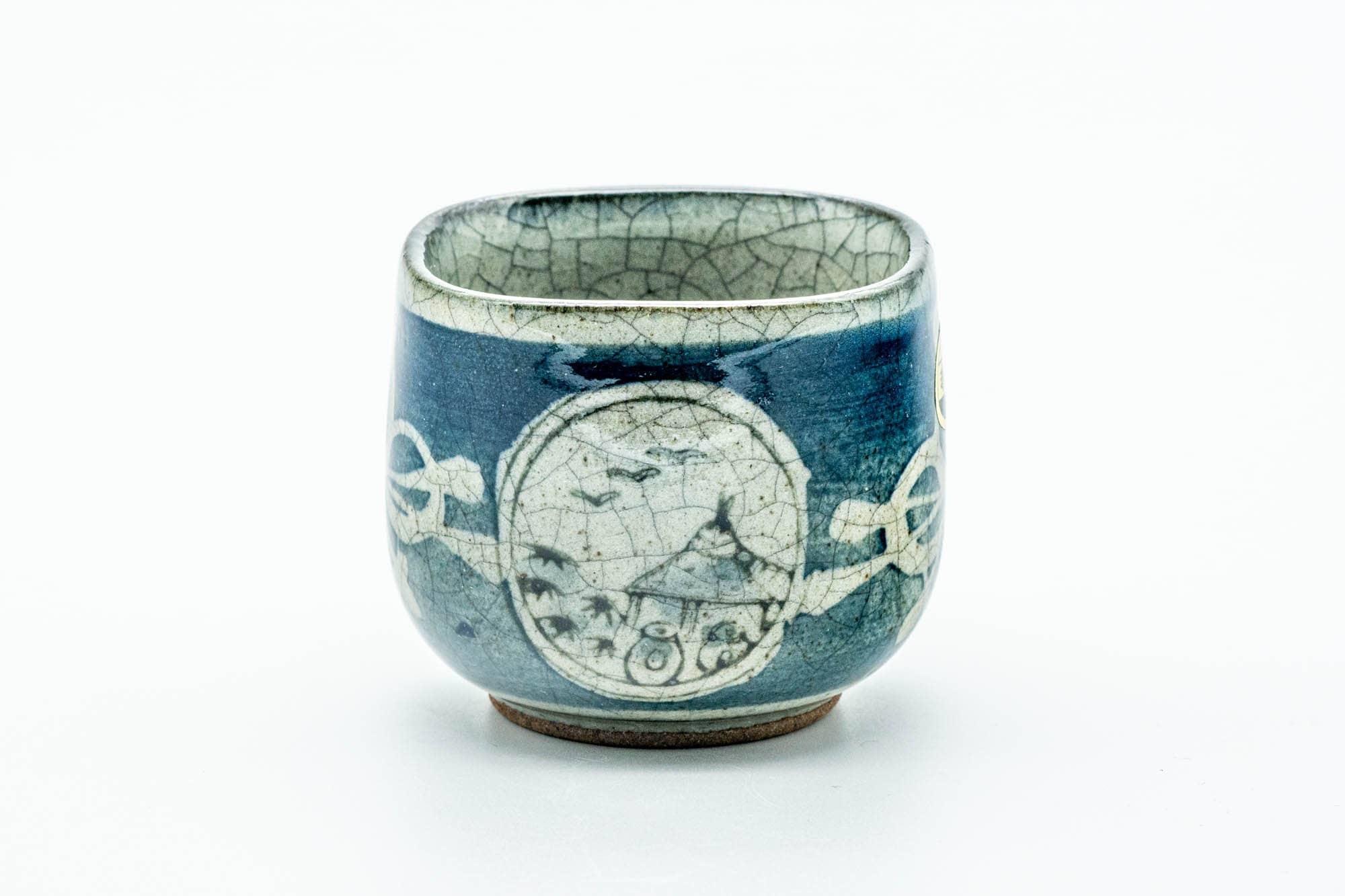 Japanese Teacup - Floral Geometric Blue Green Celadon Yunomi - 100ml
