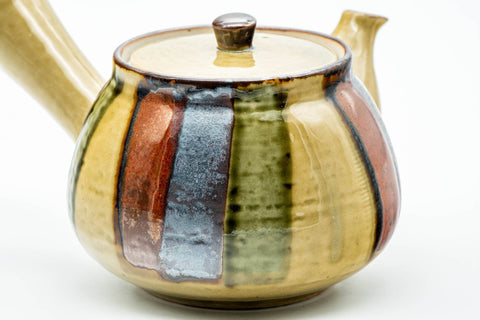 Japanese Kyusu - Beige Colourfully Striped Ceramic Filter Teapot - 400ml - three-quarter view, lid on, showing the full teapot, spout and handle