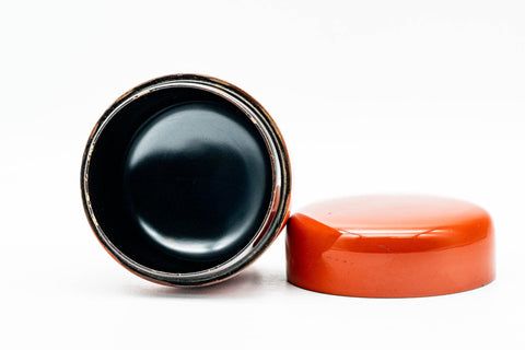 Japanese Natsume - Orange Lacquered Matcha Tea Caddy - 100ml - lid removed showing the glossy black interior