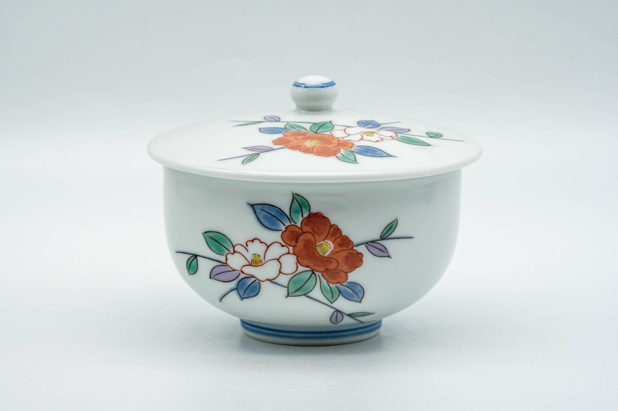 Japanese Teacup - Colourful Floral White Porcelain Arita-yaki Lidded Yunomi - 130ml - Tezumi