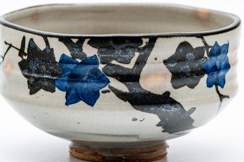 Japanese Matcha Bowl - Blue Floral Gohonte Grey Glazed Kyo-yaki Chawan - 300ml