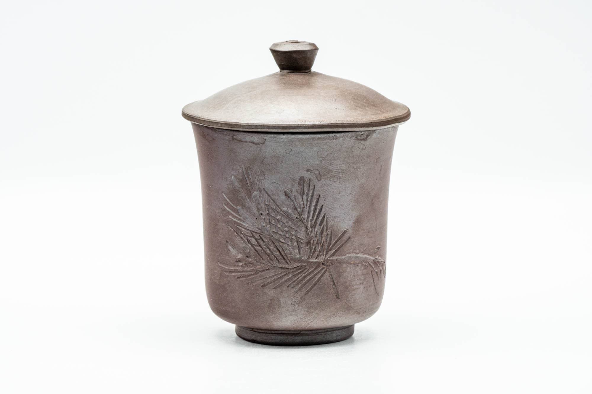Japanese Teacup - Engraved White Inner-Glazed Purple Banko-yaki Lidded Yunomi - 100ml