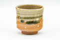 Japanese Tea Set - Set of 5 Uniquely Glazed Shigaraki-yaki Guinomi - 50ml - single green ribbed teacup, front view