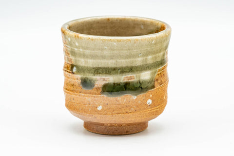Japanese Tea Set - Set of 5 Uniquely Glazed Shigaraki-yaki Guinomi - 50ml - single green ribbed teacup, front view