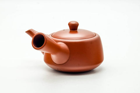 Japanese Kyusu - Smooth Red Shudei Tokoname-yaki Ceramic Filter Teapot - 300ml - side profile with the spout to the left