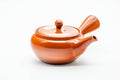 Japanese Kyusu - Red Shudei Tokoname-yaki Obi-ami Mesh Teapot - 325ml - three-quarter view, lid on and side handle to the right