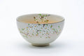 Cream Kyo-yaki yunomi decorated with delicate gold floral painting, front view.