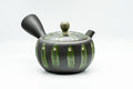 Front view of the lidded kyusu showing the green-striped black body and spout.