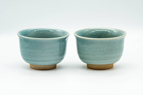 Japanese Teacups - Pair of Celadon Crazed Glazed Yunomi - 125ml - both cups side by side, front view of the pale green celadon glaze