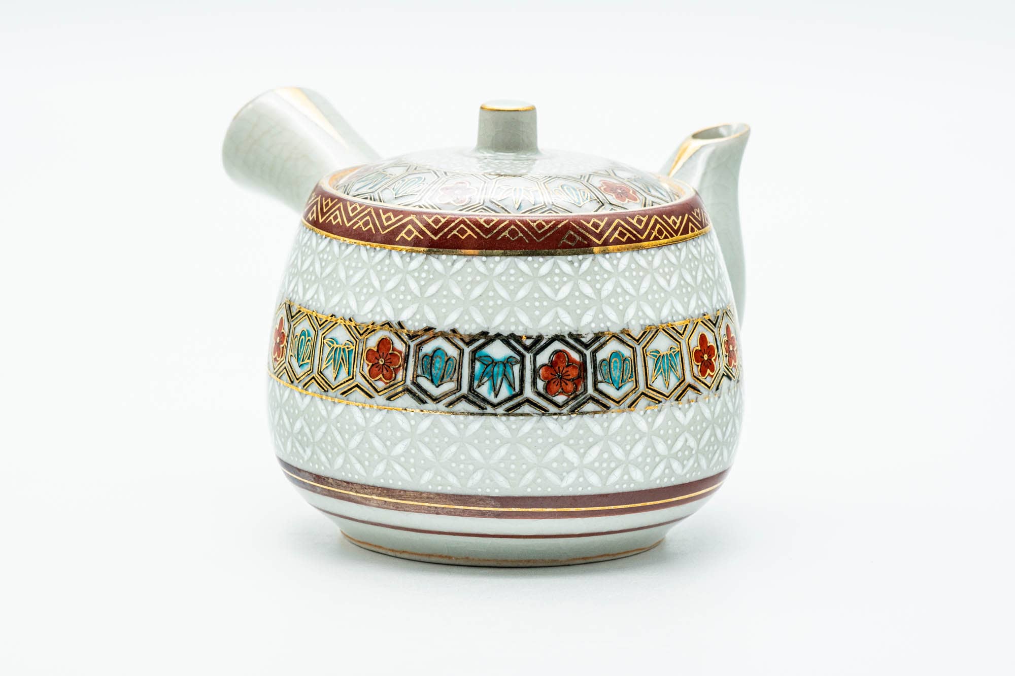 Japanese Tea Set - Gold White Floral Geometric Kutani-yaki Kyusu Teapot with 4 Yunomi Teacups