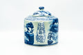 Japanese Kyusu - Blue Geometric Mountainous Motif Porcelain Do-ake Ushirode Teapot - 550ml - side view showing the blue landscape motif