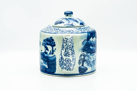 Japanese Kyusu - Blue Geometric Mountainous Motif Porcelain Do-ake Ushirode Teapot - 550ml - side view showing the blue landscape motif
