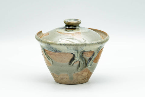 Japanese Tea Set - Hare's Fur Drip-Glazed Akogi-yaki Shiboridashi Teapot with 5 Guinomi Teacups - angled view of the lidded teapot