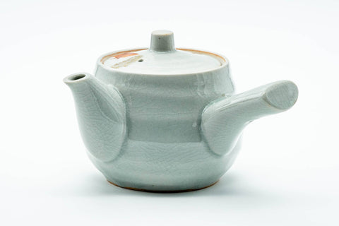 Japanese Kyusu - Red Bamboo Motif Kutani-yaki Porcelain Teapot - 370ml - side profile with the spout to the left
