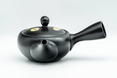 Japanese Kyusu - Floral Engraved Black Kurodei Tokoname-yaki Obi-ami Teapot - 300ml