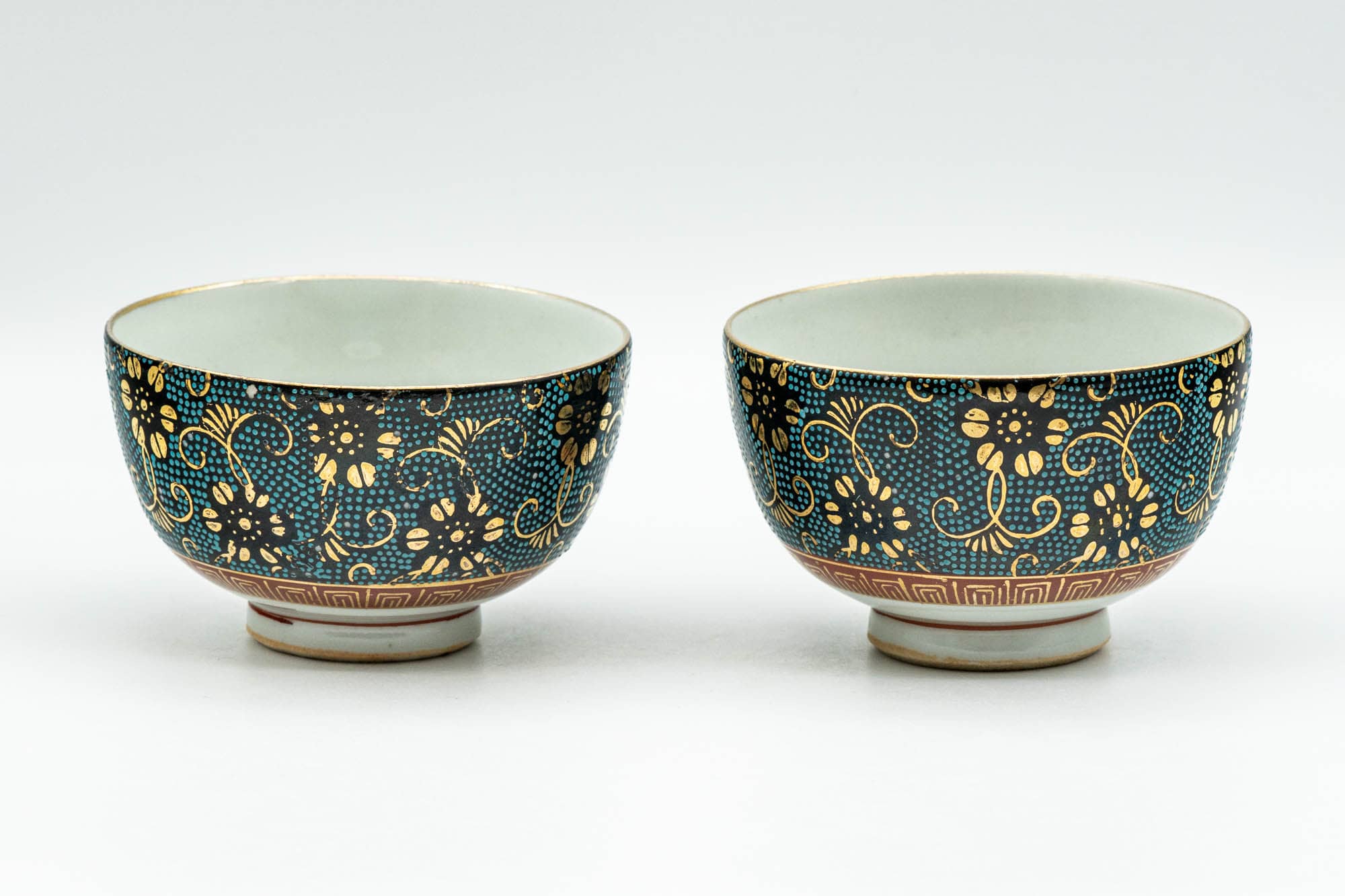 Japanese Teacups - Pair of 九谷焼 Floral Aochibu Kutani-yaki Porcelain Yunomi - 80ml