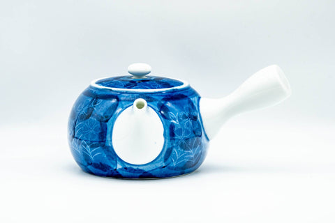 Japanese Kyusu - Blue Floral Porcelain Arita-yaki Debeso Teapot - side view with the side handle and spout