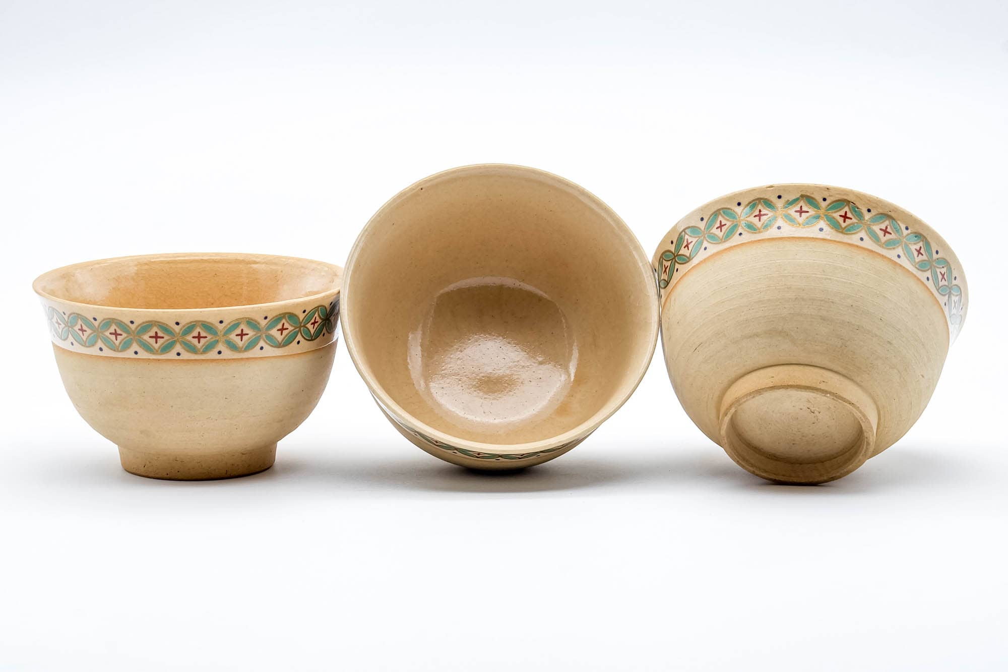 Japanese Teacups - Set of 3 Beige Green Patterned Kiyomizu-yaki Yunomi - 125ml
