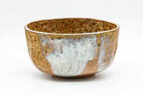Japanese Matcha Bowl - Yellow White Drip-Glazed Shigaraki-yaki Chawan - 300ml - front view showing the yellow and white over-glaze on the warm clay