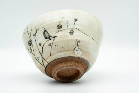 Japanese Matcha Bowl - Bunny Rabbit Plum Blossoms Milky White Glazed Chawan - 300ml - Tezumi