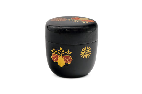 Japanese Natsume - Chrysanthemums Paulownias Black Lacquer Tea Caddy