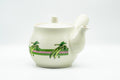 Japanese Kyusu - Beige Green Striped Snow Peas Kutani-yaki Debeso Teapot - 400ml - front view, spout to the left