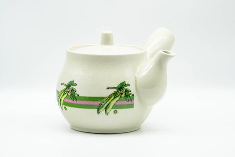 Japanese Kyusu - Beige Green Striped Snow Peas Kutani-yaki Debeso Teapot - 400ml - front view, spout to the left
