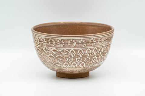 Tezumi — Japanese Matcha Bowl - Floral Geometric White Glazed Chawan - 300ml — front view