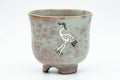 Japanese Matcha Bowl - Standing Crane Grey Pink Gohonte Glazed Winter Chawan with Tomobako Wooden Box - 450ml - side view of the speckled gohonte-glazed bowl