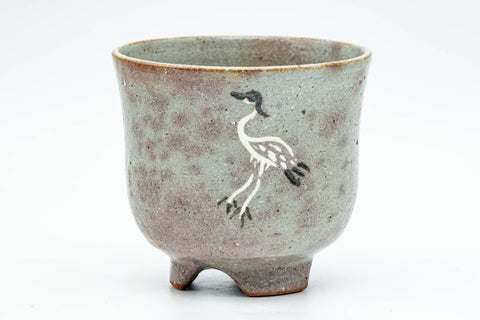 Japanese Matcha Bowl - Standing Crane Grey Pink Gohonte Glazed Winter Chawan with Tomobako Wooden Box - 450ml - side view of the speckled gohonte-glazed bowl