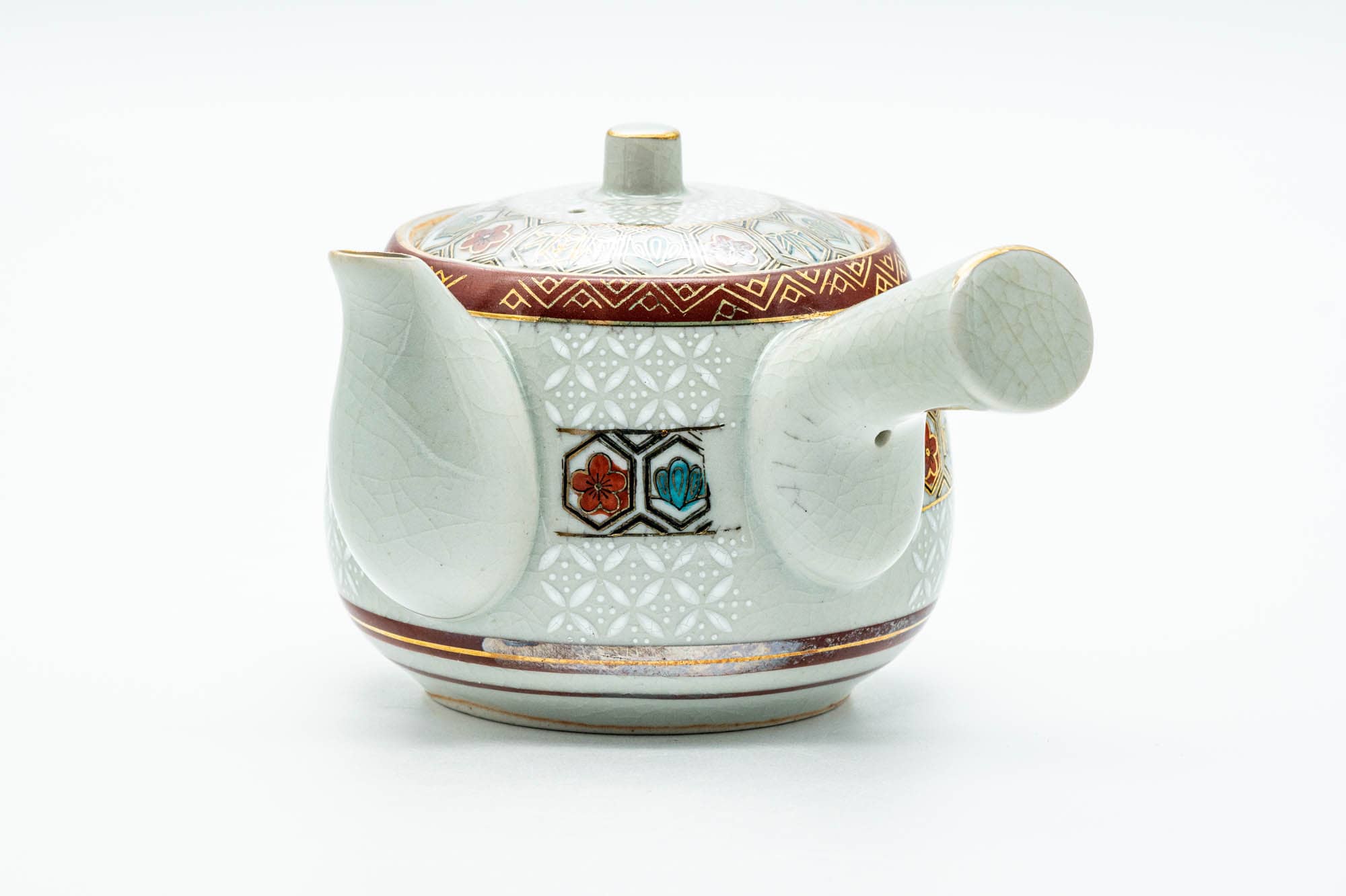 Japanese Tea Set - Gold White Floral Geometric Kutani-yaki Kyusu Teapot with 4 Yunomi Teacups