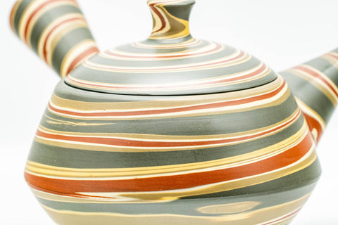 Japanese Kyusu - Green, Red, and Yellow Swirling Nerikomi Tokoname-yaki Do-ake Teapot - 240ml - rear three-quarter view